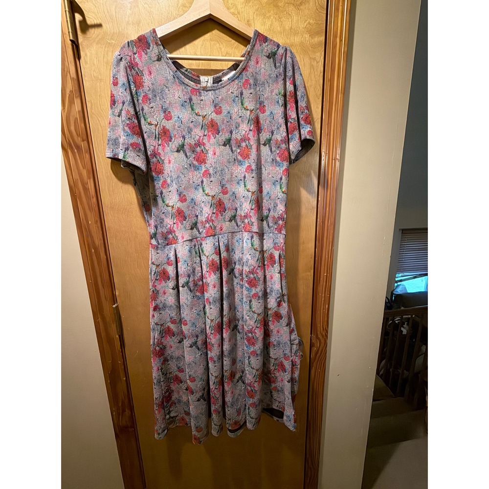 LuLaRoe Amelia Dress 2XL Floral Hummingbird Grey Pink Pleated Back Zip T25-30
